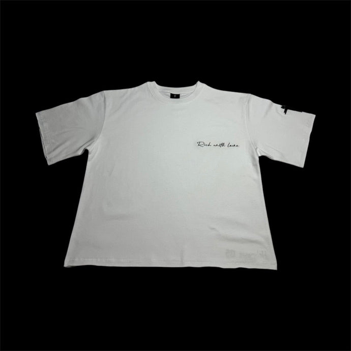 Pre-Sale THE RICH LIFE. Oversized Crop Tee (White/Black Print)