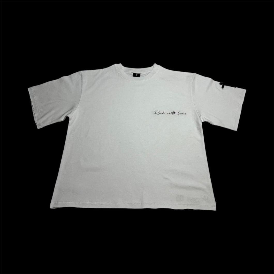 Pre-Sale THE RICH LIFE. Oversized Crop Tee (White/Black Print)